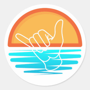 Rond Sticker Shaka Surfer Main Sign Over Beach Sunset