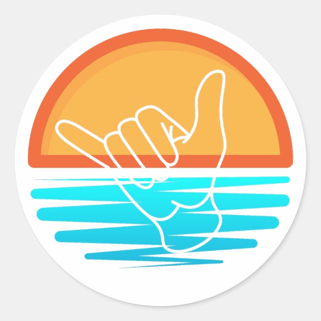 Rond Sticker Shaka Surfer Main Sign Over Beach Sunset (Devant)