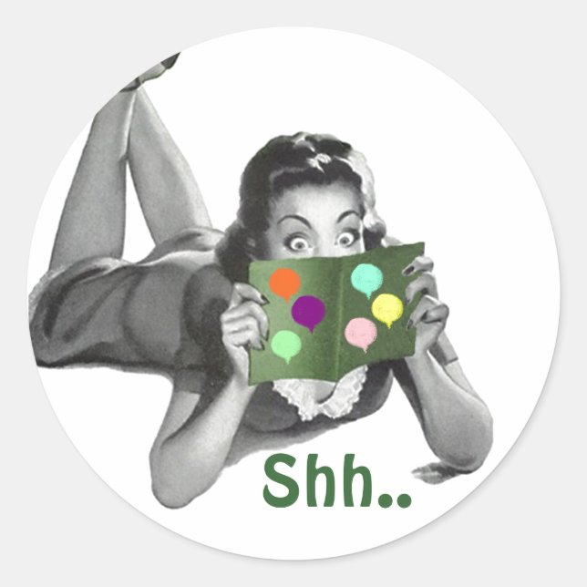 Rond Sticker Shh... Retro Lady Fun Surprise Seals de fê (Devant)