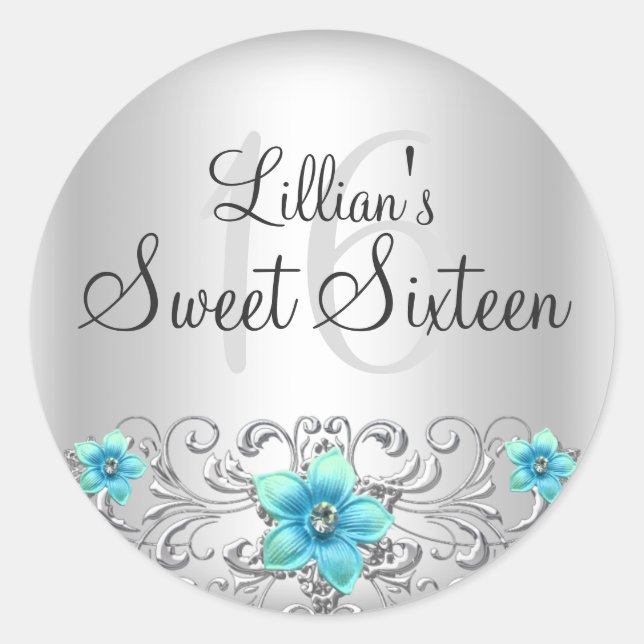 Rond Sticker turquoise Silver Floral Sweet 16 (Devant)