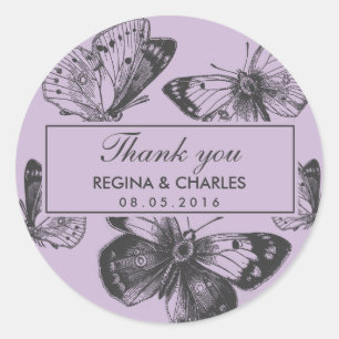 Rond Sticker vintage en Merci de Mariage papillon viole