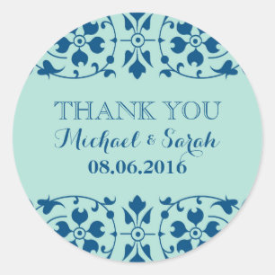 Rond Sticker vintage en Merci Floral Victorien en bleu