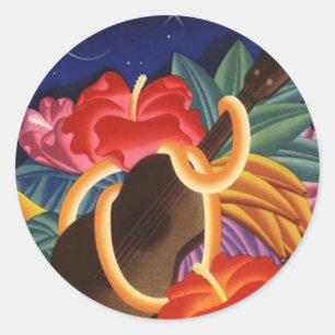 Rond Sticker Vintage Hawaiian Ukulele Tiki Voyage de nu