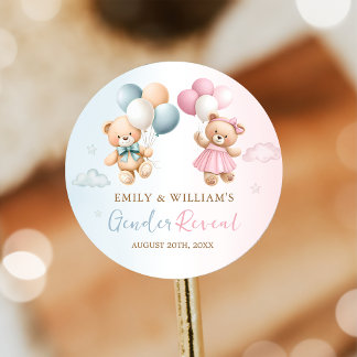 Rond Teddy Bear Balloon Gender Reveal Sticker