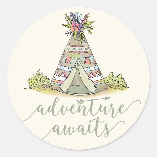 Rond Teepee Adventure Commence Favor Sticker (Devant)