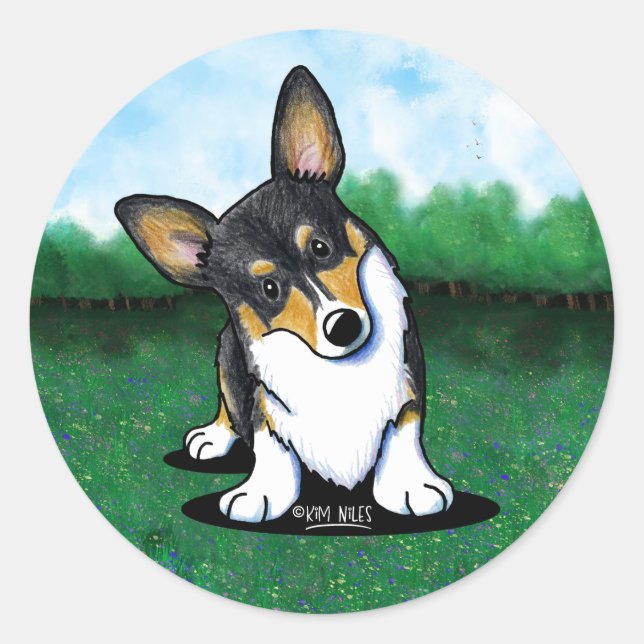Rond Tri Curious Corgi Classic Round Sticker (Devant)
