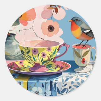 Rond Vintage Bird Teacup Floral Envelope Sticker