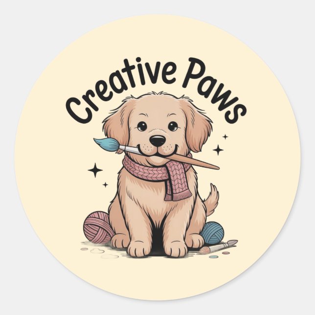 Rond Whimsical Puppy Painter Yarn Enthusiast Sticker (Devant)