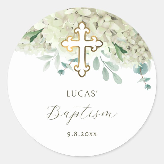 Rond White Hydrangea Baptism Sticker (Devant)