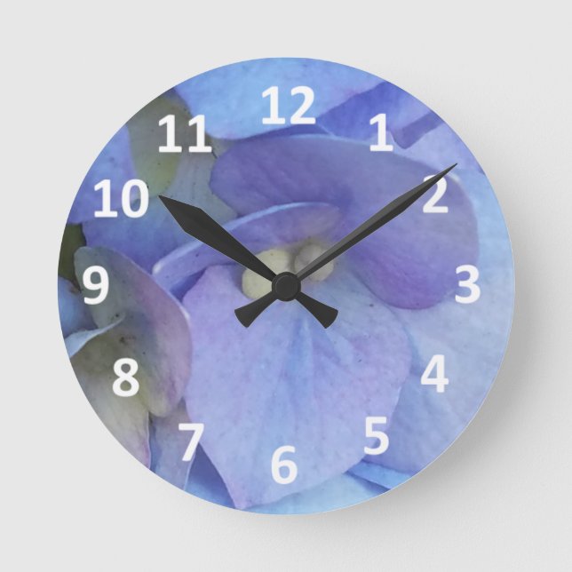Ronde Bleu Hydrangée Fleur Numéros Horloge Mur (Recto)
