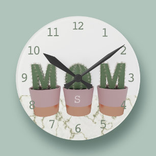 Ronde Cactus Maman Monogramme Cuisine Mur Horloge