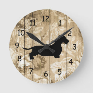 Ronde Cheveux de fil Dachshund Faux Mur de bois Horloge