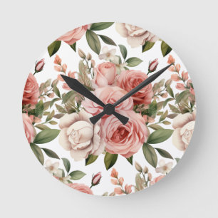 Ronde Chic Roses Roses Fleurs Florales Horloge
