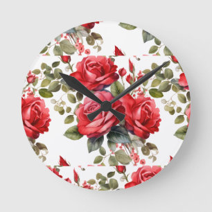 Ronde Chic Roses Rouges Fleurs Florales Horloge