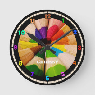 Ronde Crayons Art Coloré Horloge Mur Acrylique