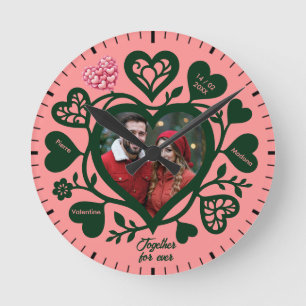 Ronde Horloge cœur personnalisée photo vert rose