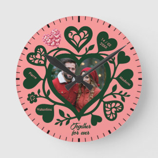 Ronde Horloge cœur personnalisée photo vert rose