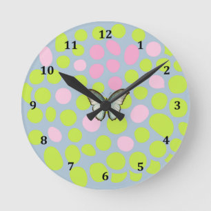 Ronde Horloge colorée brillante en points verts rose et 