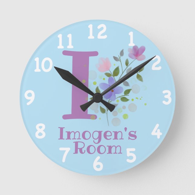 Ronde Horloge dans un design floral avec nom et initiale (Recto)