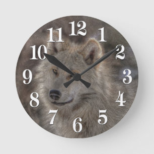 Ronde Horloge d'art de la faune du loup d'argent