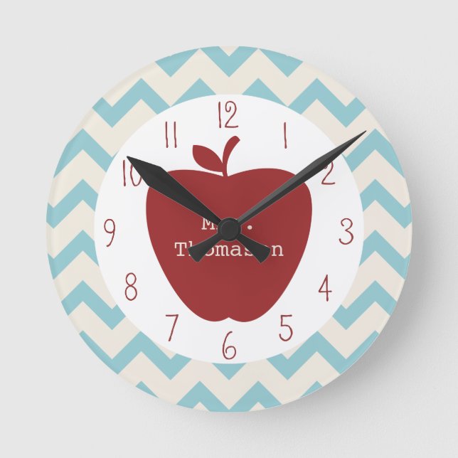 Ronde Horloge de l'enseignant Red Apple Aqua Chevron (Recto)