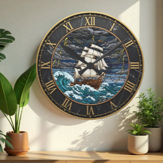 Ronde Horloge de navire vintage, mer orageuse, marbre, n