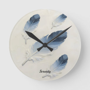 Ronde Horloge moderne à plume bleue 3D avec nom personna