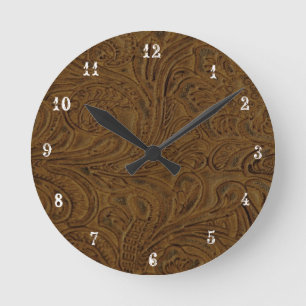 Ronde Horloge simili cuir usinée par brun de pays de