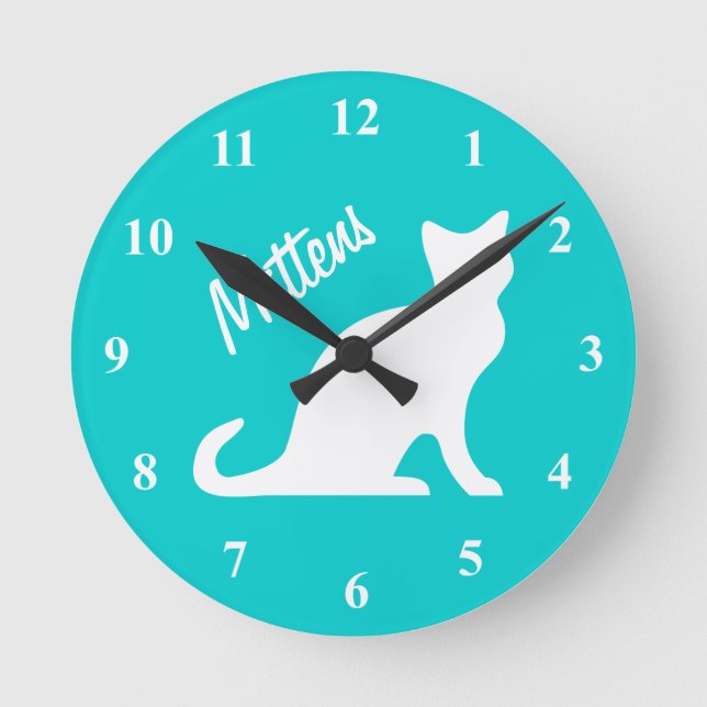 Ronde Horloge Turquoise pour chat avec nom personnalisé (Recto)