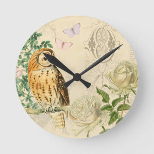 Ronde Horloge vintage florale de hibou avec de beaux