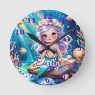Ronde Mermaid Ocean Wall Horloge - Nom modifiable