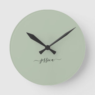 Ronde moderne sauge vert nom de script grand horloge