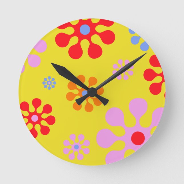 Ronde Motif Fleur Fraîche Rétro Horloge Mur Jaune (Recto)