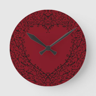 Ronde Rouge Noir Élégant Coeur Mariage gothique Horloge