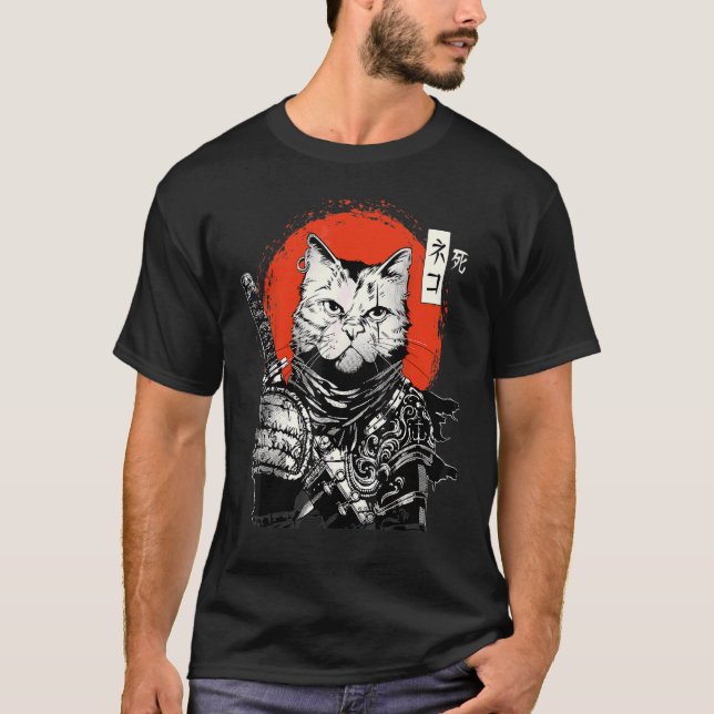 Ronin Samurai Cat With Katana And Japan Rising Sun T-Shirt (Front)