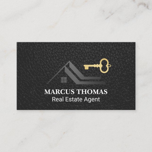 Roof Skeleton Key Logo | Black Leather Background Appointment Card (Front)