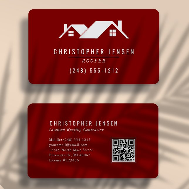 Roofer QR Code Simple Burgundy Rounded Business Card (Creator Uploaded)