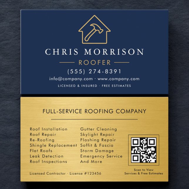 Roofing Professional Navy Blue QR Code Business Card (Creator Uploaded)