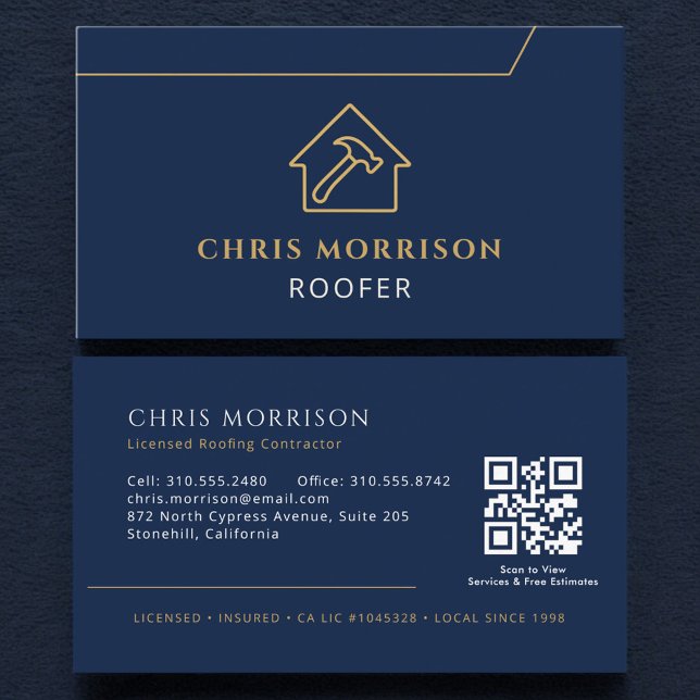 Roofing QR Code Roofer Company Navy Blue Gold Business Card (Creator Uploaded)