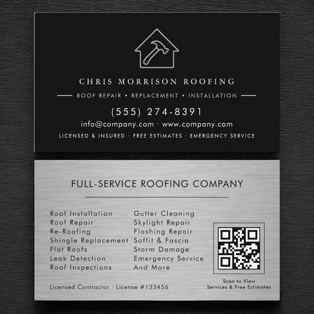 Roofing Roofer Contractor Metallic QR Code Business Card (Creator Uploaded)