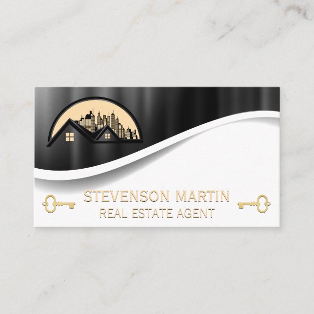Rooftop and City | Metallic  | Gold Skeleton Key Business Card (Front)
