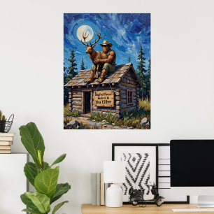 Rooftop Revelation: Bigfoot's Moonlit Embrace Poster
