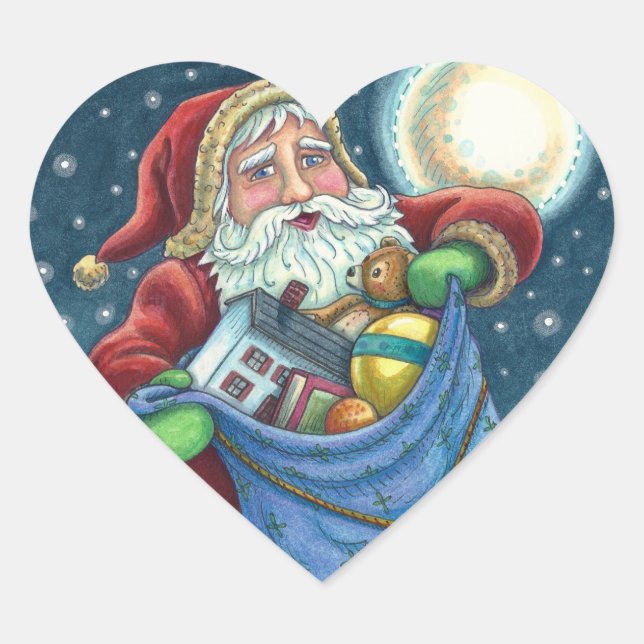 ROOFTOP SANTA BAG OF TOYS, DOLLHOUSE, HOBBYHORSE HEART STICKER (Front)