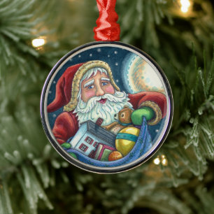 ROOFTOP SANTA BAG OF TOYS, DOLLHOUSE, HOBBYHORSE METAL ORNAMENT