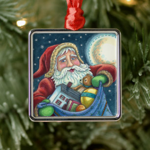 ROOFTOP SANTA BAG OF TOYS, DOLLHOUSE, HOBBYHORSE METAL ORNAMENT