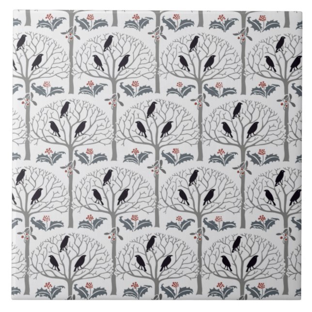 Rook and Holly Pattern Christmas Art Tile Trivet (Front)