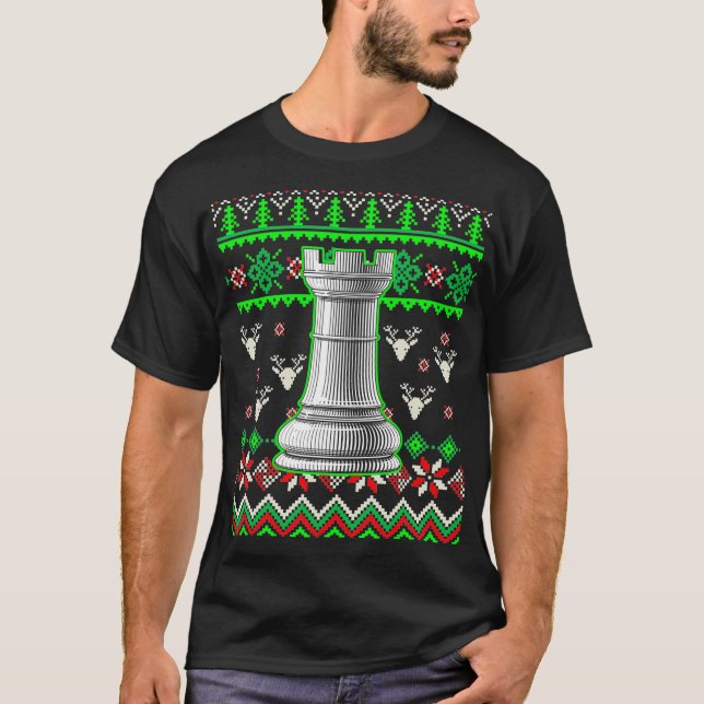 Rook Chessmen Ugly Christmas Chess T-Shirt (Front)
