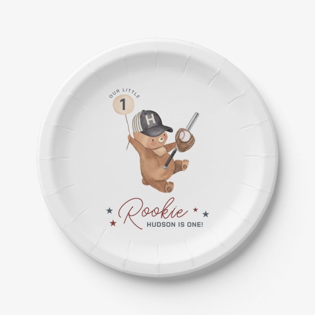Rookie 1st Birthday Bear Paper Plate (Front)