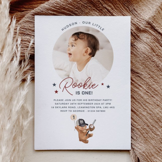 Rookie 1st Birthday Bear - Photo Invitation (Bear with 3 Brown Balloons - Photo Birthday Invitation)