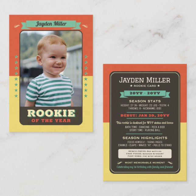 Rookie Année Baseball 1er Anniversaire Carte de co (Devant / Derrière)
